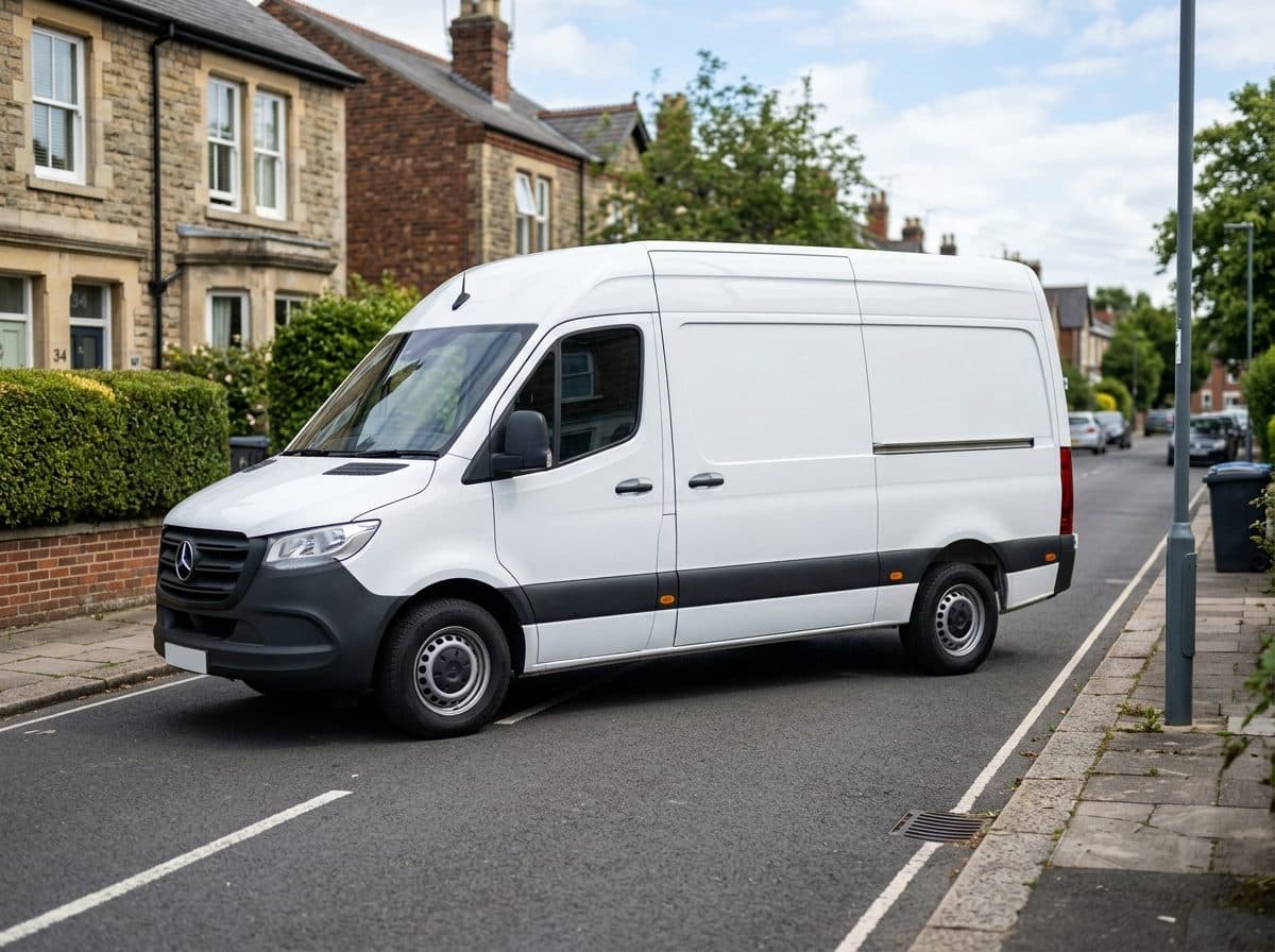 White Mercedes Sprinter long-wheelbase high-roof commercial removals panel van parked on UK street